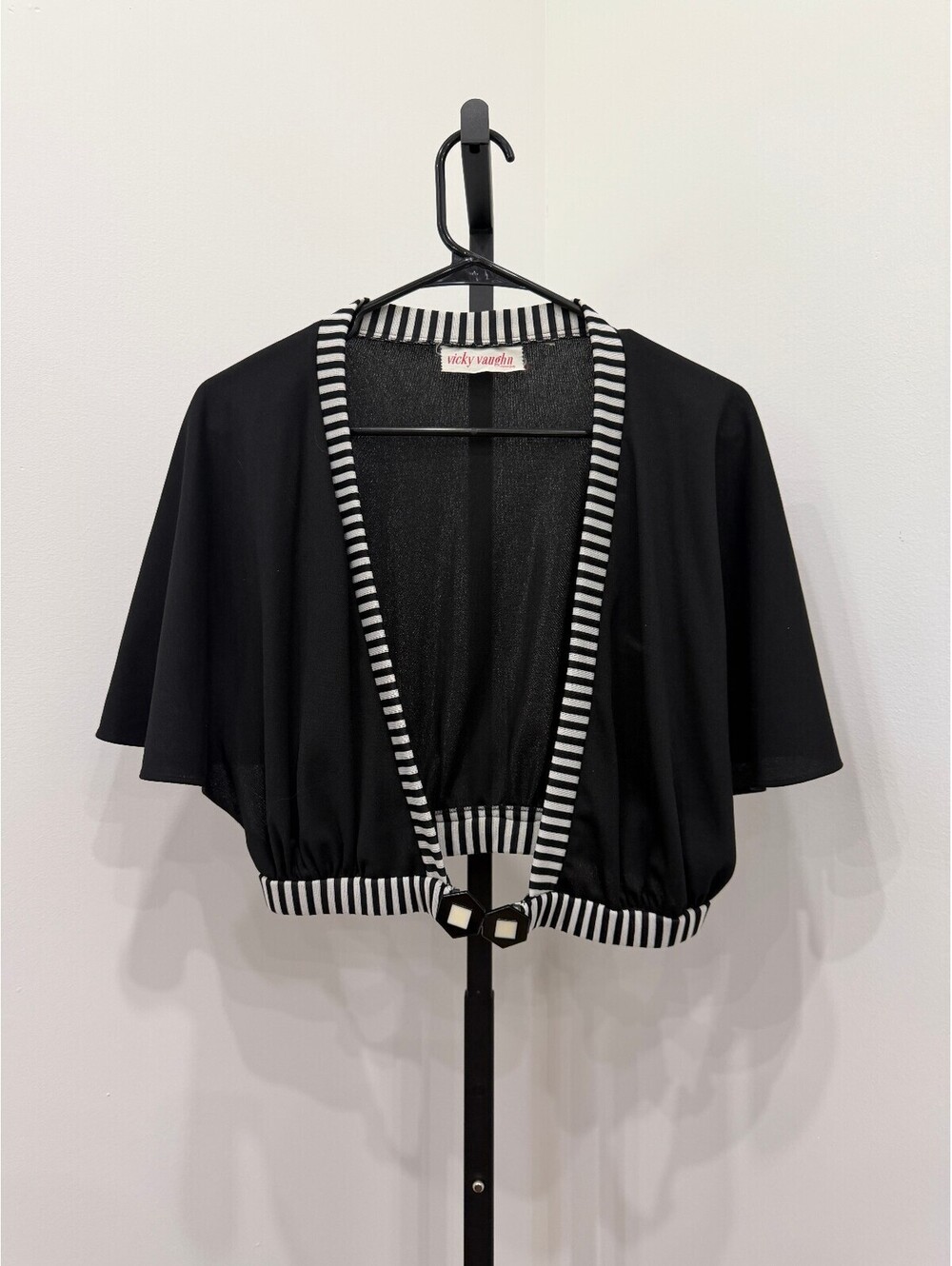 Vicky Vaughn Junior Black Cropped Bolero Cardigan Striped Trim Hexagonal Clasp
